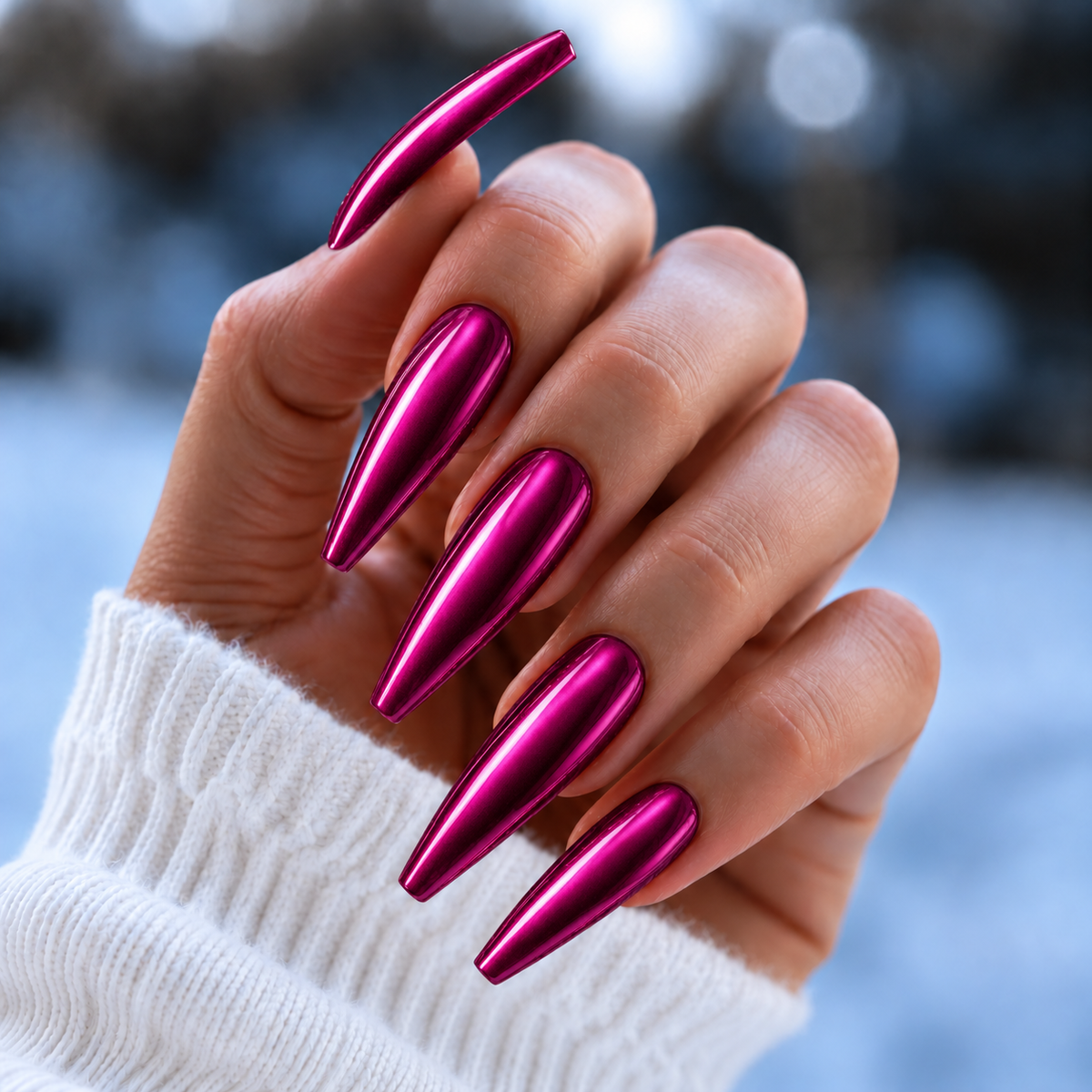 BEMI Chrome Chroma Berry nails in a color photo.