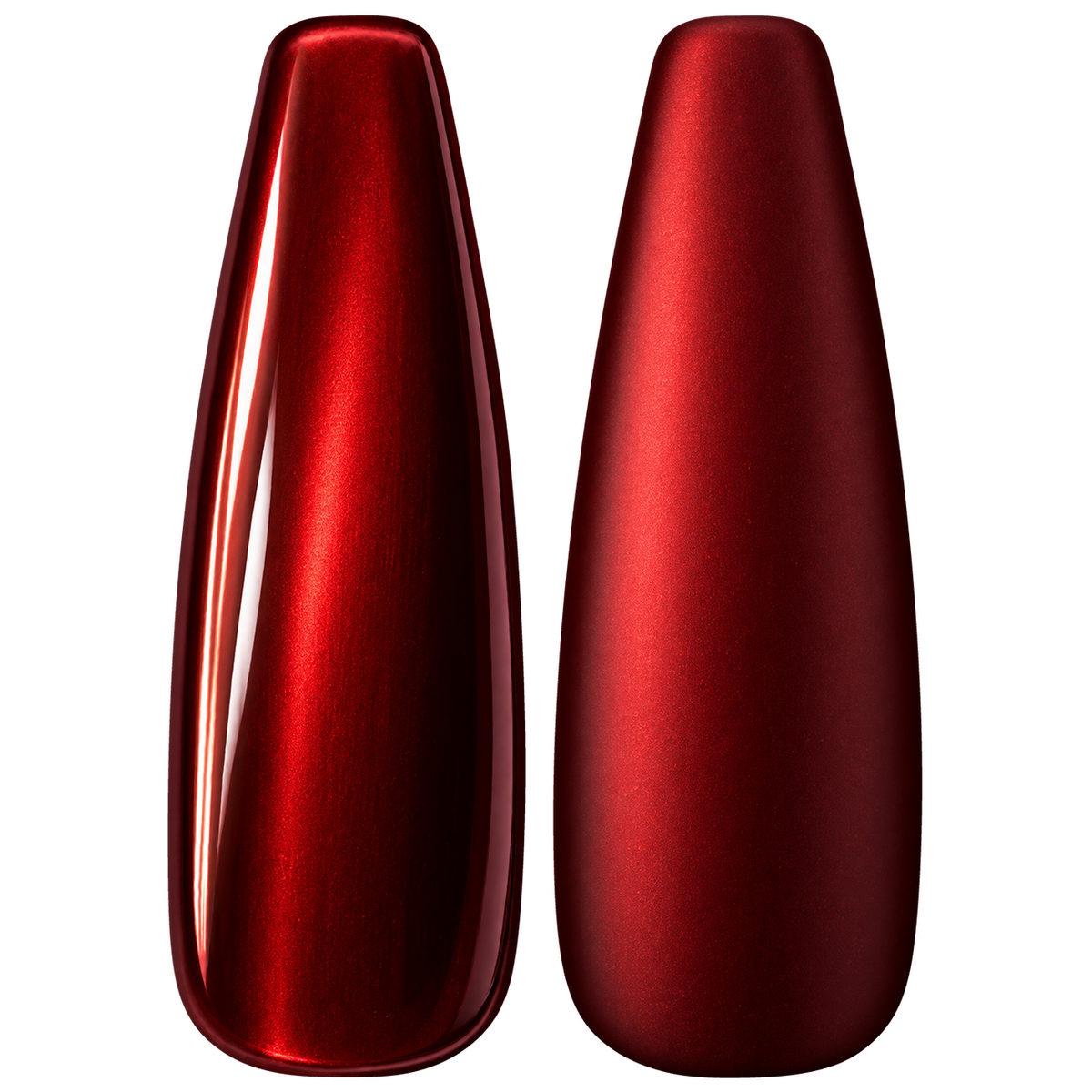 Glossy and matte Deep metallic red nail swatches for BEMI Chrome Chroma Red.