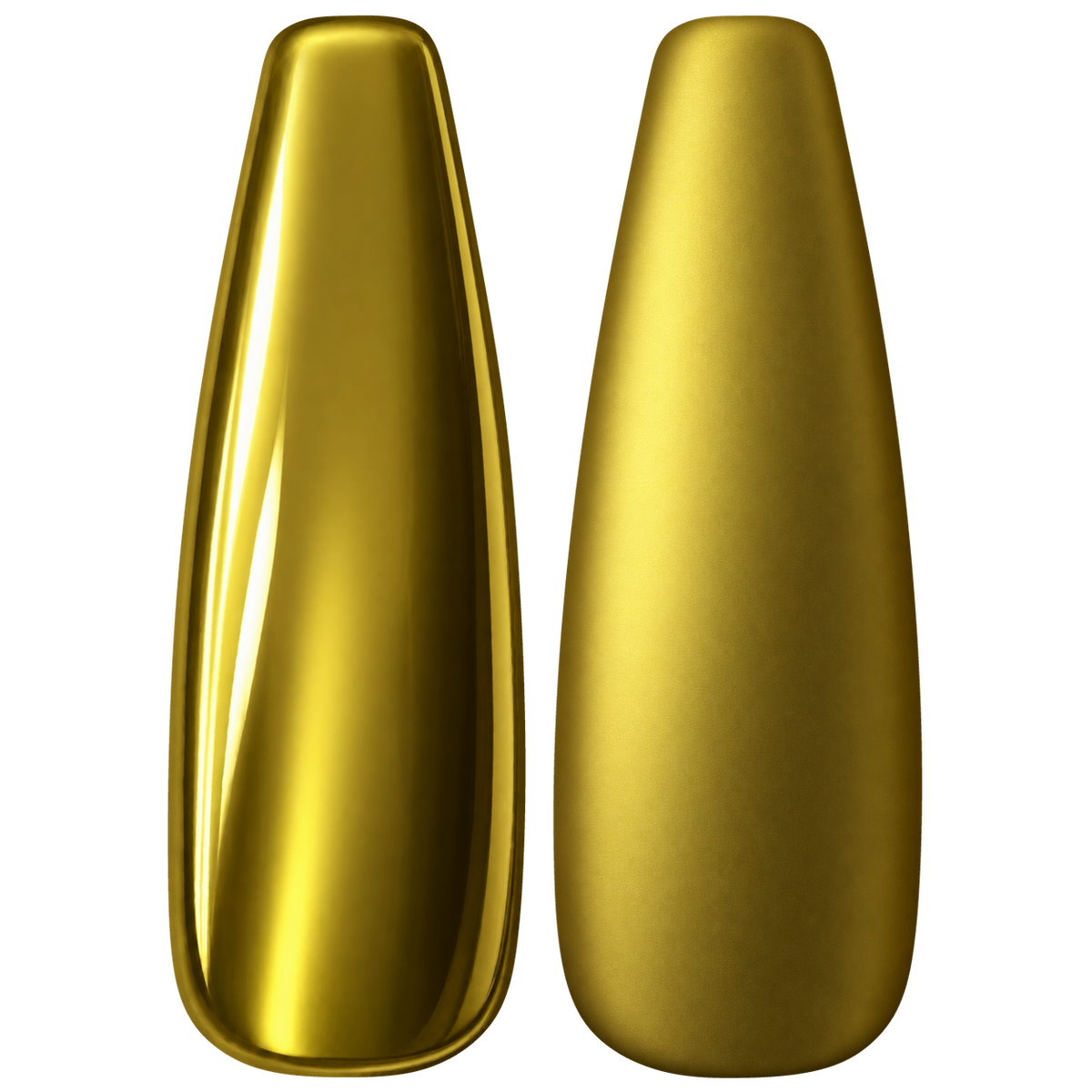 Glossy and matte Rich yellow gold nail swatches for BEMI Chrome Gold Mirror.