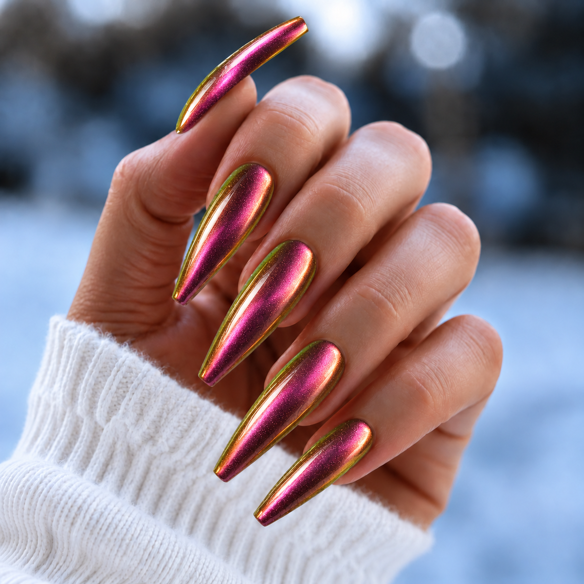 BEMI Iris Chrome shown on long coffin nails
