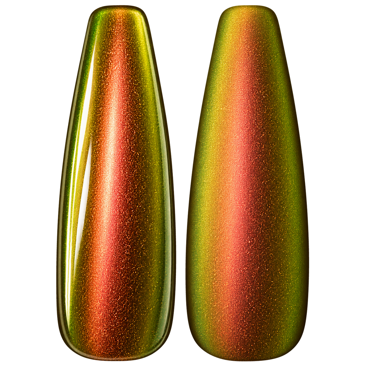 Glossy and matte Copper and gold with rose and green shifts nail swatches for BEMI Chrome Lustre.