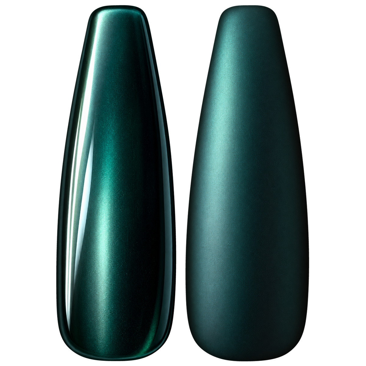 Glossy and matte Deep smoky teal green nail swatches for BEMI Chrome Moonshine.
