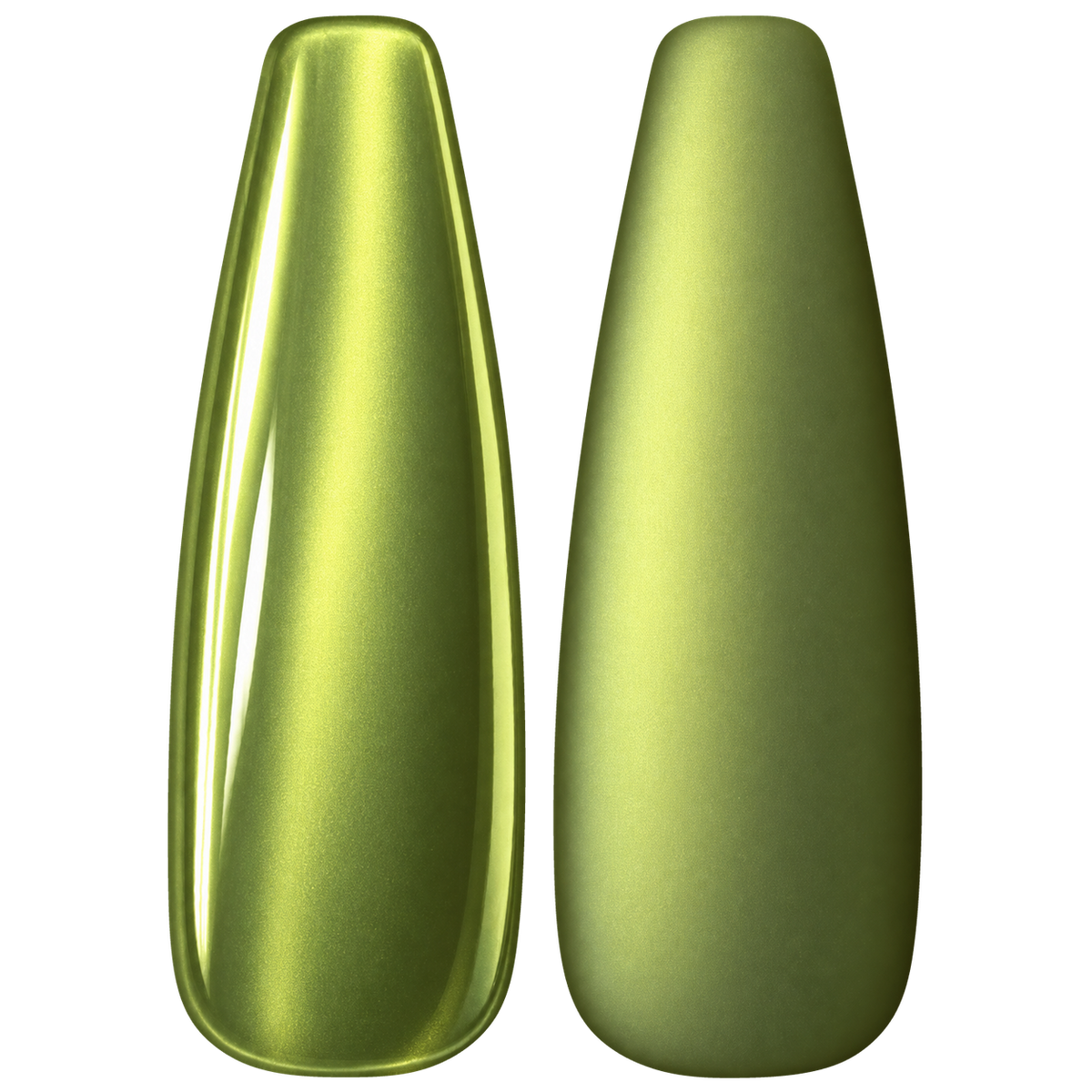 Glossy and matte Fresh yellow-green nail swatches for BEMI Chrome Neo Green.