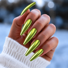 BEMI Neo Green Chrome shown on long coffin nails