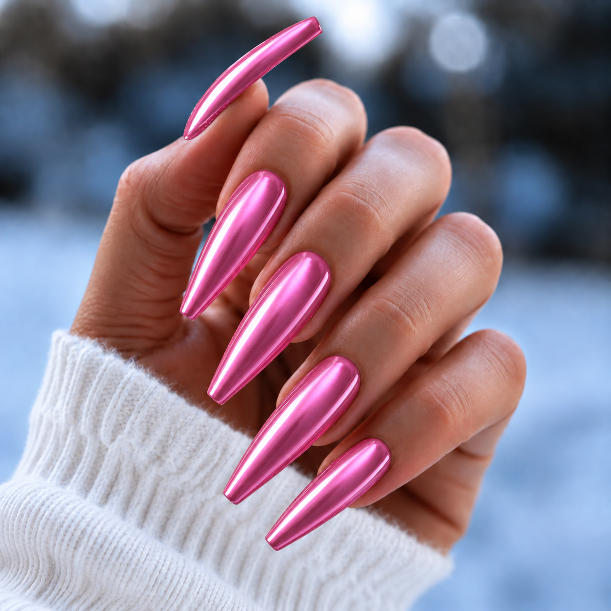 BEMI Chrome Neo Pink nails in a color photo.