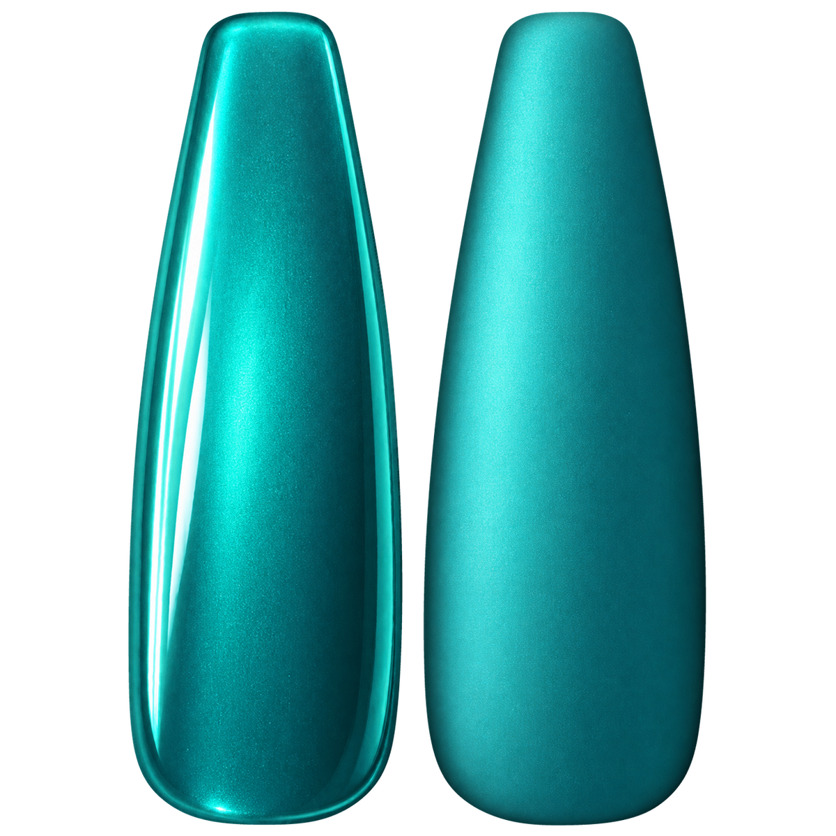 Glossy and matte Bright turquoise teal nail swatches for BEMI Chrome Neo Teal.