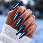 BEMI Chrome Oil Slick nails in a color photo.