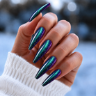 BEMI Oil Slick Holo Chrome shown on long coffin nails