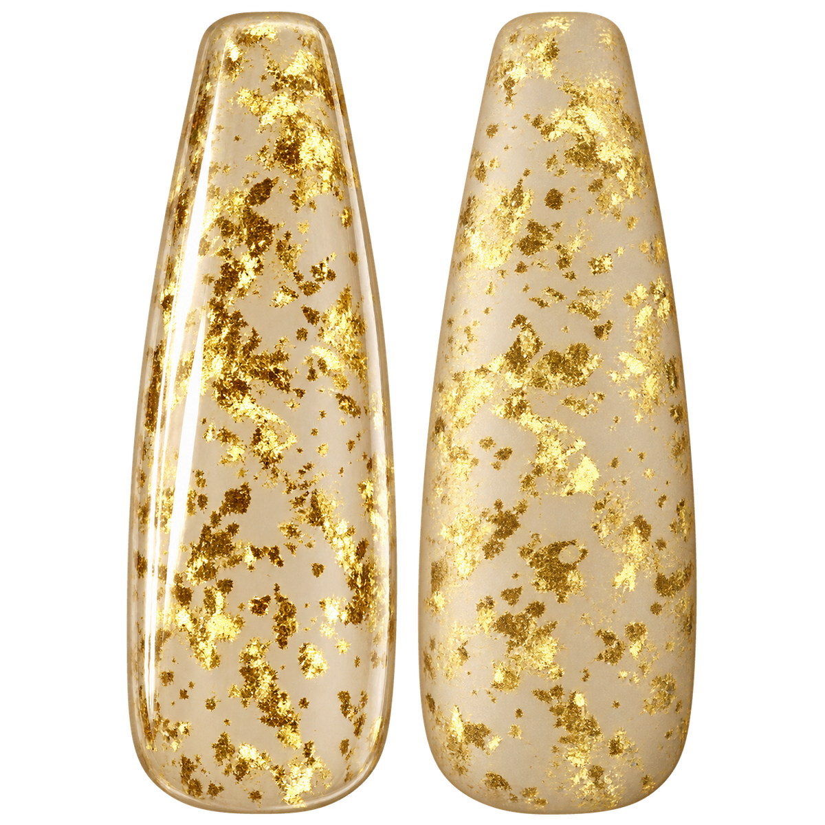 Glossy and matte Reflective gold flakes nail swatches for BEMI Chrome Solar Flakes.