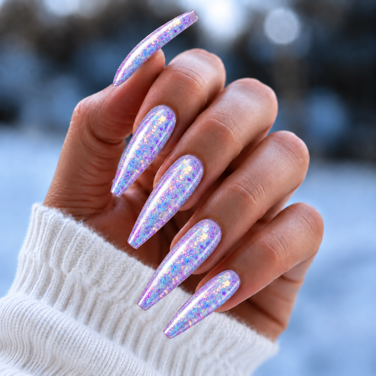BEMI Chrome Unicorn Flakes nails in a color photo.