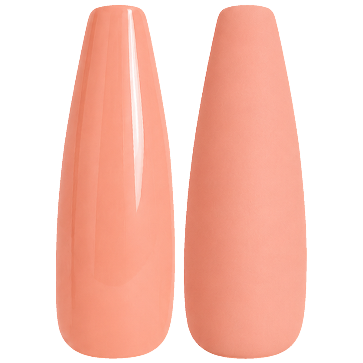 Glossy and matte soft peach coral nail swatches for BEMI Creami Guava O15.