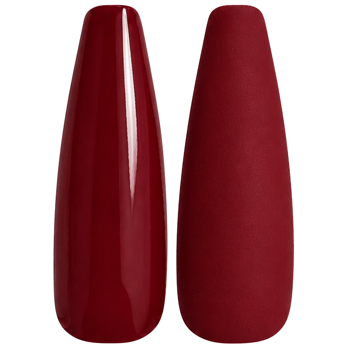 Glossy and matte deep cherry crimson nail swatches for BEMI Creami Rouge R03.