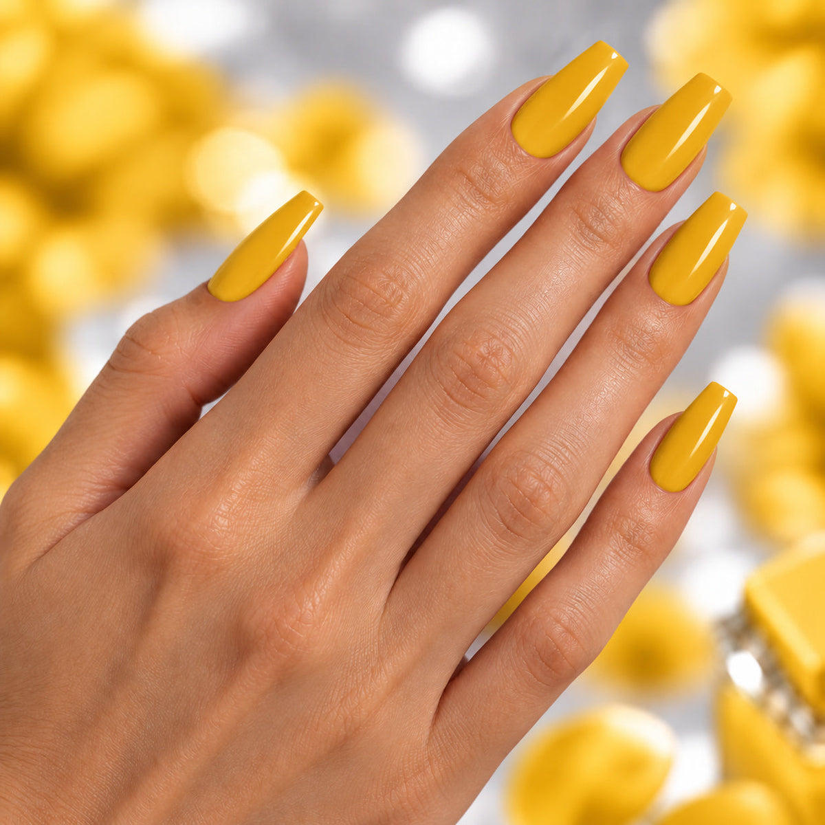 BEMI Creami Saffron F04 nails in a color photo.