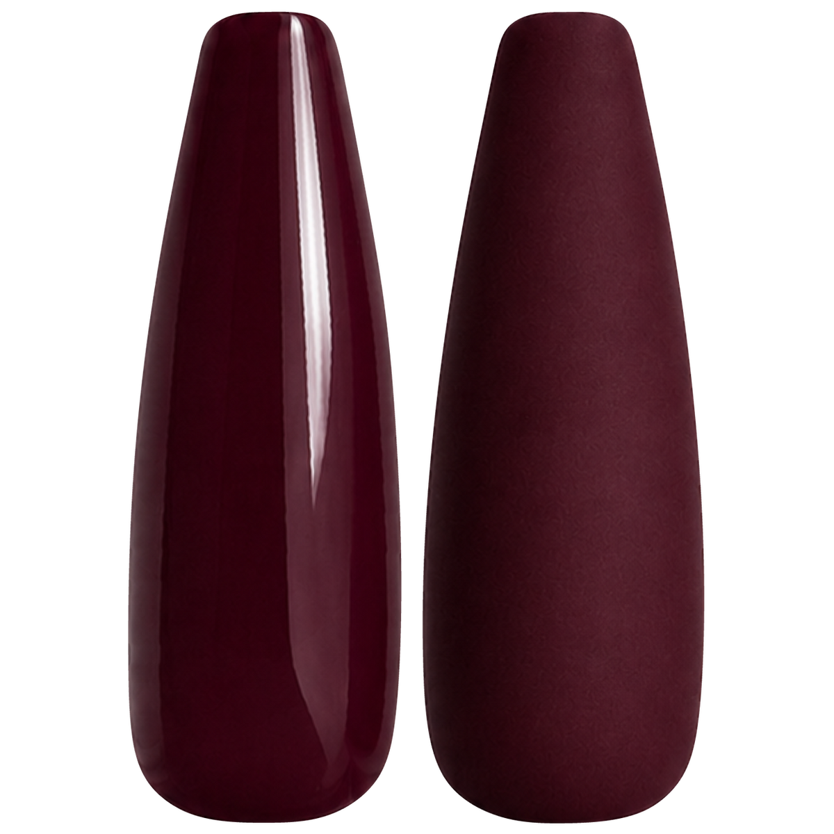Glossy and matte deep burgundy nail swatches for BEMI Creami Vamp R05.