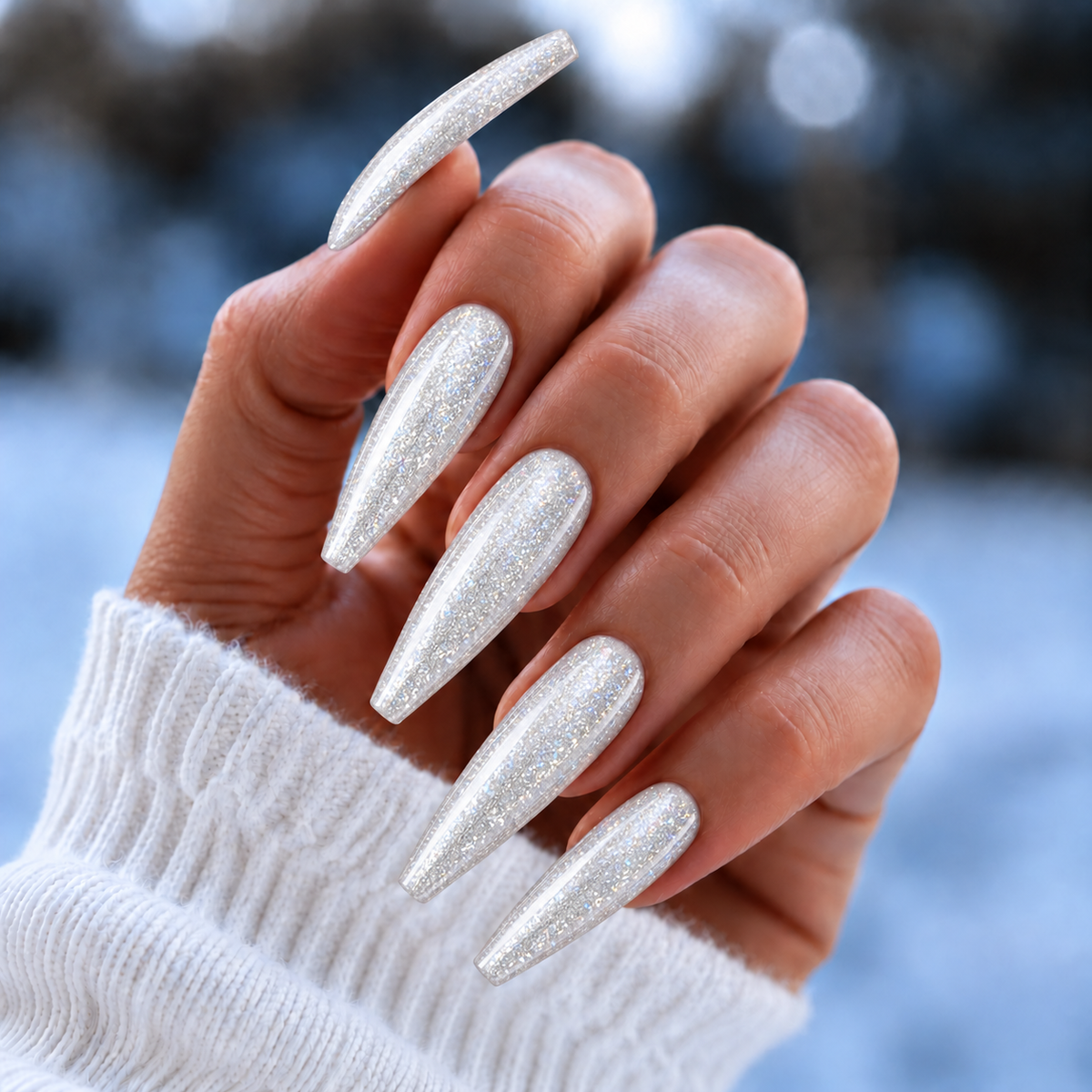BEMI Glitter Snowflake nails in a color photo.