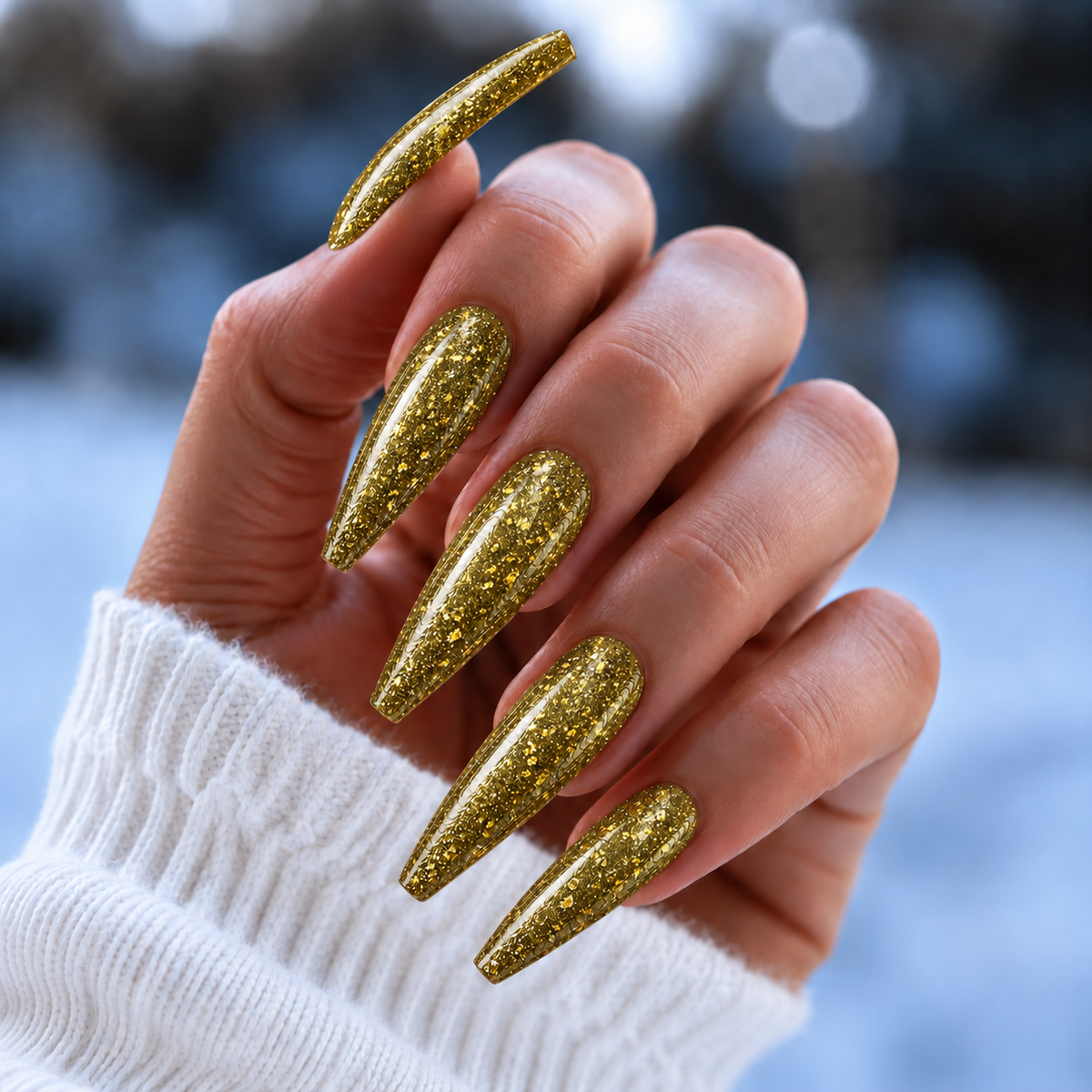BEMI Metal Leaf Gold nails in a color photo.