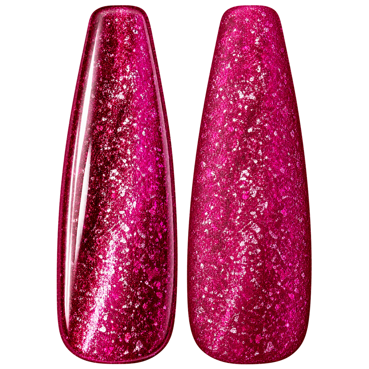Glossy and matte Vivid berry pink nail swatches for BEMI Metal Leaf Raspberry.