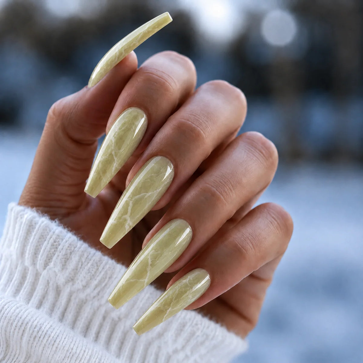 BEMI Quartz Matcha nails in a color photo.