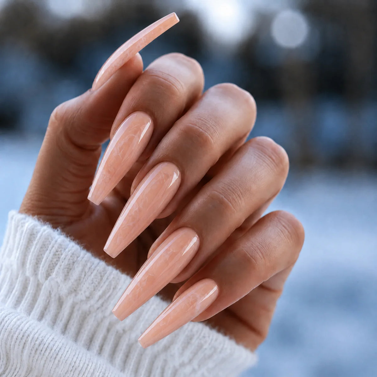 BEMI Quartz Gel - Peach - 15ml shown on long coffin nails