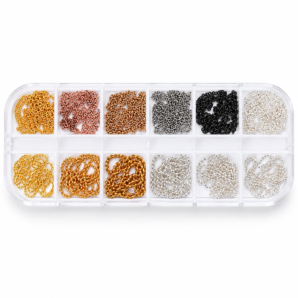 Coconoir Beauty assorted metal nail chains in 12-compartment organizer
