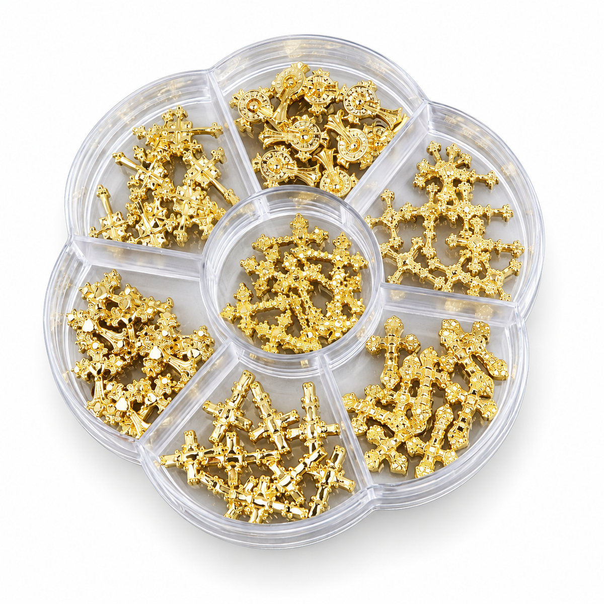 Coconoir Beauty gold Gothic cross nail charms in 70-piece organizer