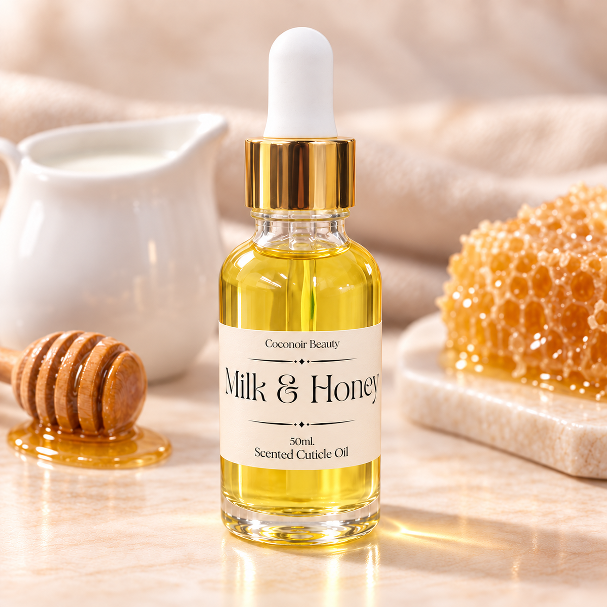 Coconoir Beauty Milk & Honey Cuticle Oil 50ml in a milk and honey setting