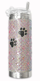 Silver tumbler with rhinestone pattern and paw prints on a white background