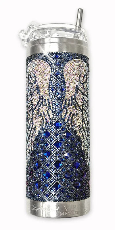 Tumbler with blue and silver design on a white background