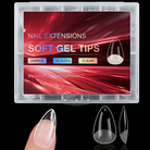 Nail extension soft gel tips packaging with a hand displaying a clear gel tip.