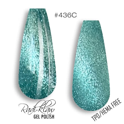 Two nail polish swatches on a white background, labeled #436C, showing a glittery aqua/teal gel polish. Text at the bottom reads 'Root-Klaw GEL POLISH' and 'TPD/HEMA FREE'.
