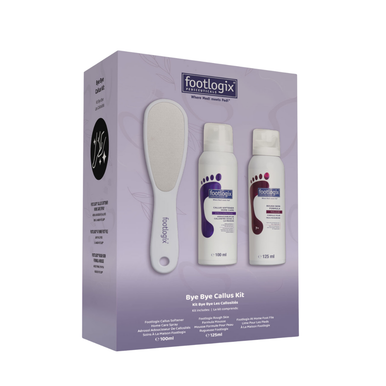Front of the Footlogix Bye Bye Callus Kit carton showing its included products.