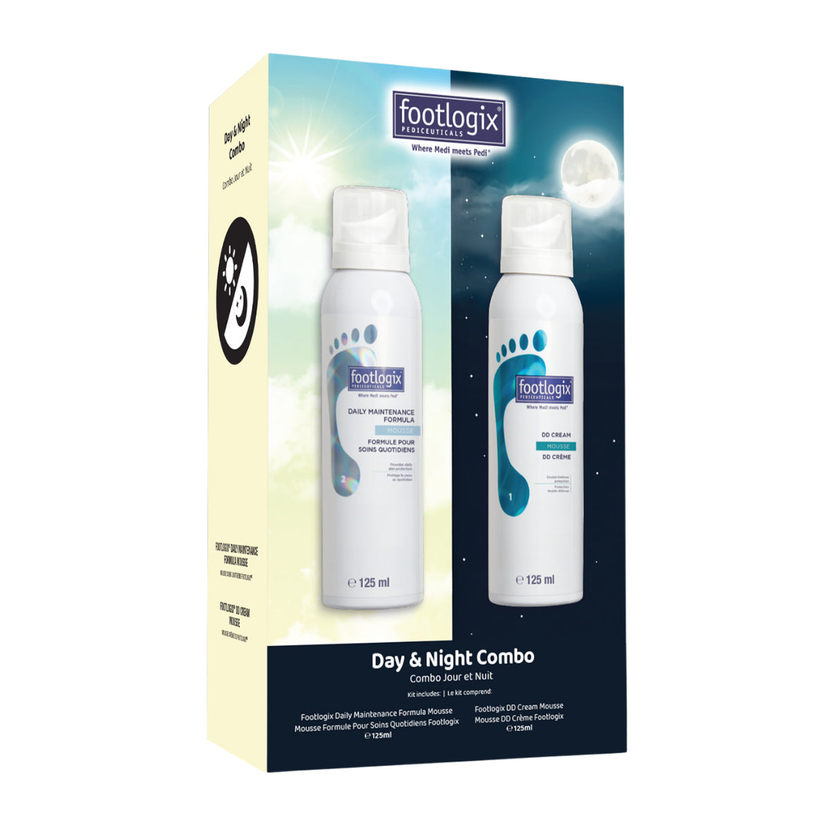 Front of the Footlogix Day & Night Kit carton showing two products.