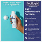 Hand holding a Footlogix bottle beside a Daily Maintenance Formula information panel.