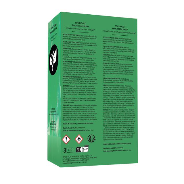 Back of the green Footlogix Fresh Steps Essentials Kit carton with product information.