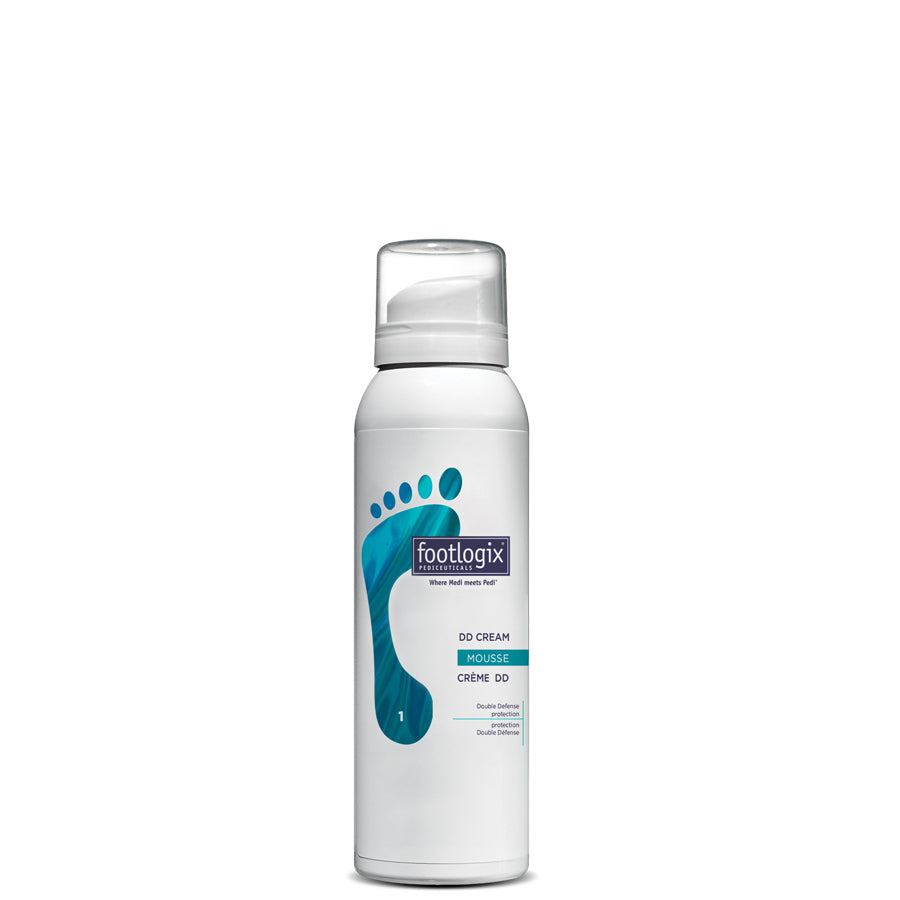 Footlogix DD Cream Mousse in a white bottle with a clear overcap.