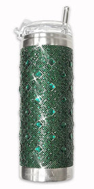 Green glittery tumbler with silver base and lid on a white background