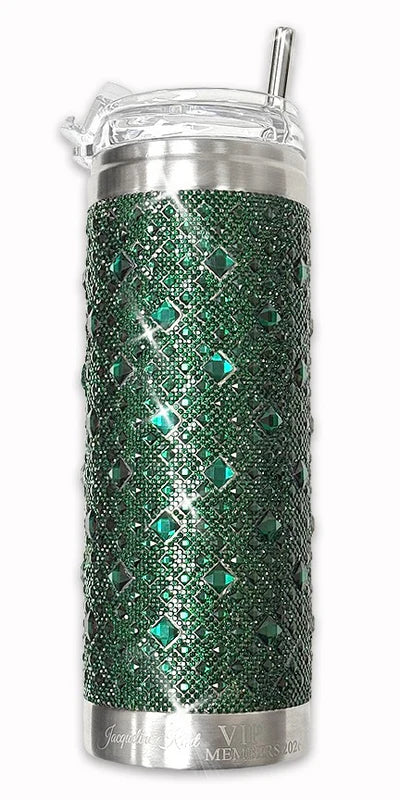 Green glittery tumbler with silver base and lid on a white background