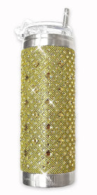Gold glittery tumbler with silver accents on a white background