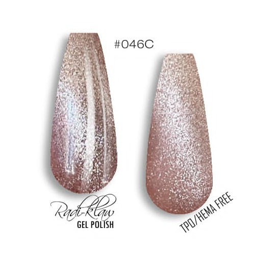Two almond-shaped nail tips displaying a glittery nude-pink gel polish with silver shimmer, labeled #046C. The left tip shows the polish applied, while the right tip shows the bare glittery base.