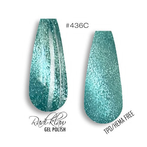 Two nail polish swatches on a white background, labeled #436C, showing a glittery aqua/teal gel polish. Text at the bottom reads 'Root-Klaw GEL POLISH' and 'TPD/HEMA FREE'.