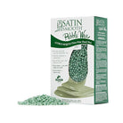 Box of Satin Smooth Pebble Wax with green wax beads on a white background
