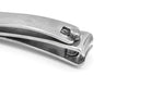Close-up of a metallic silver nail clipper on a plain white background.