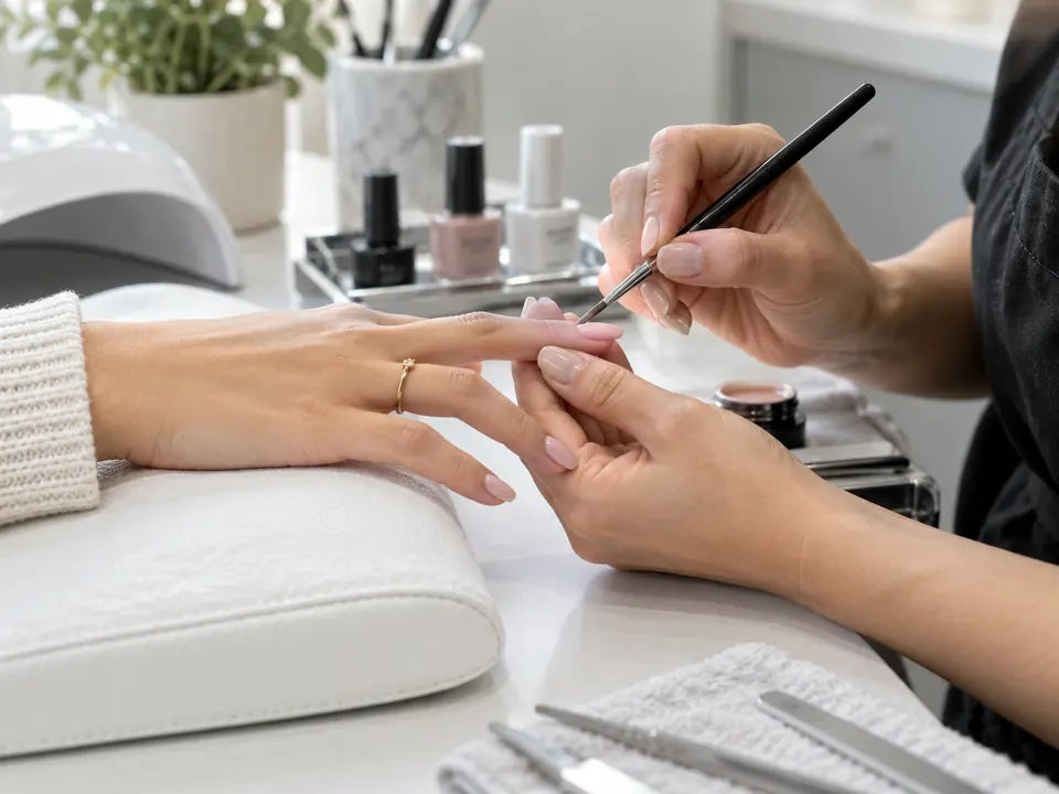 Nail technician applying gel to a client’s nail